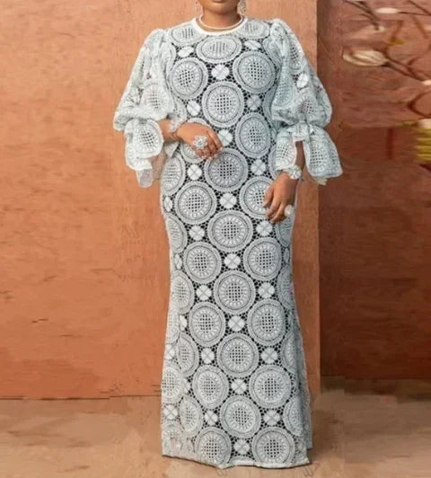 White Lace Dresses for Women , Elegant Turn Down Collar, Puff Sleeves Pleated Hem, Midi Dress Luxury Occasion Clothes.