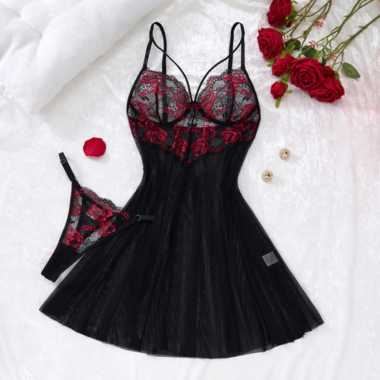 Ladies Sexy Lace Black Strapless Nightgown, Transparent Lace Nightgown, Floral Pattern Strapless.