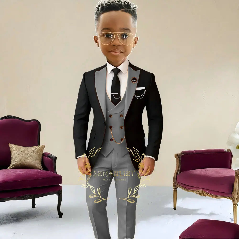 Boys Suit , Tuxedo Black Jacket, Beige Pants ,Vest 3 Pieces Set Kids 2-16 Years Old.