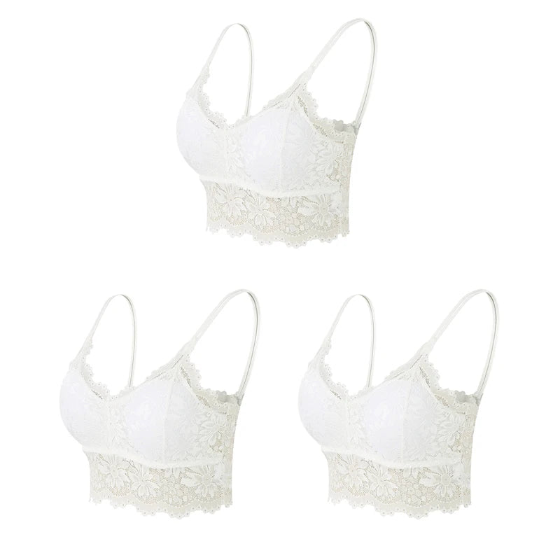 3PCS Women's Lace Top Comfortable Bralette, Solid Color Underwear Vest.