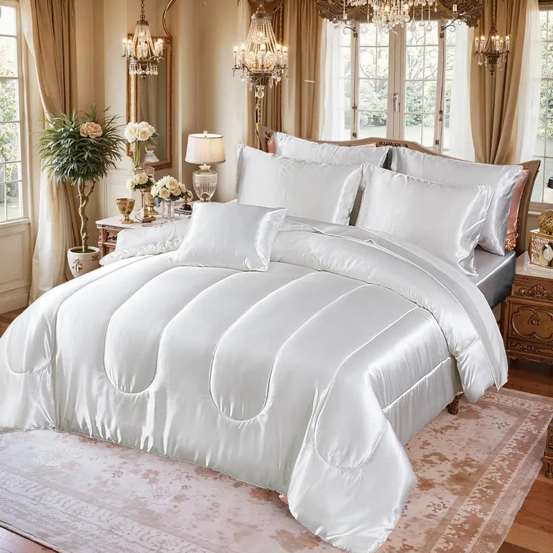 3pcs Reversible Silky Bedding Set, Luxury Soft Satin Comforter with 2 Satin Pillowcases.