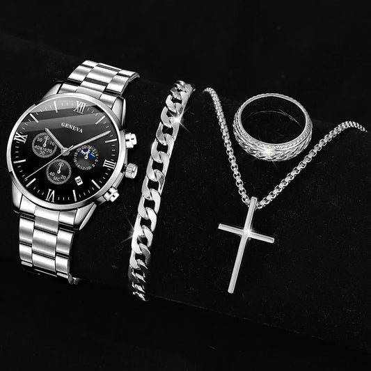4PCS Men's Watch Set Quartz, Cross Pendant Necklace, Ring, Bracelet Set Perfect Gift for Him!!