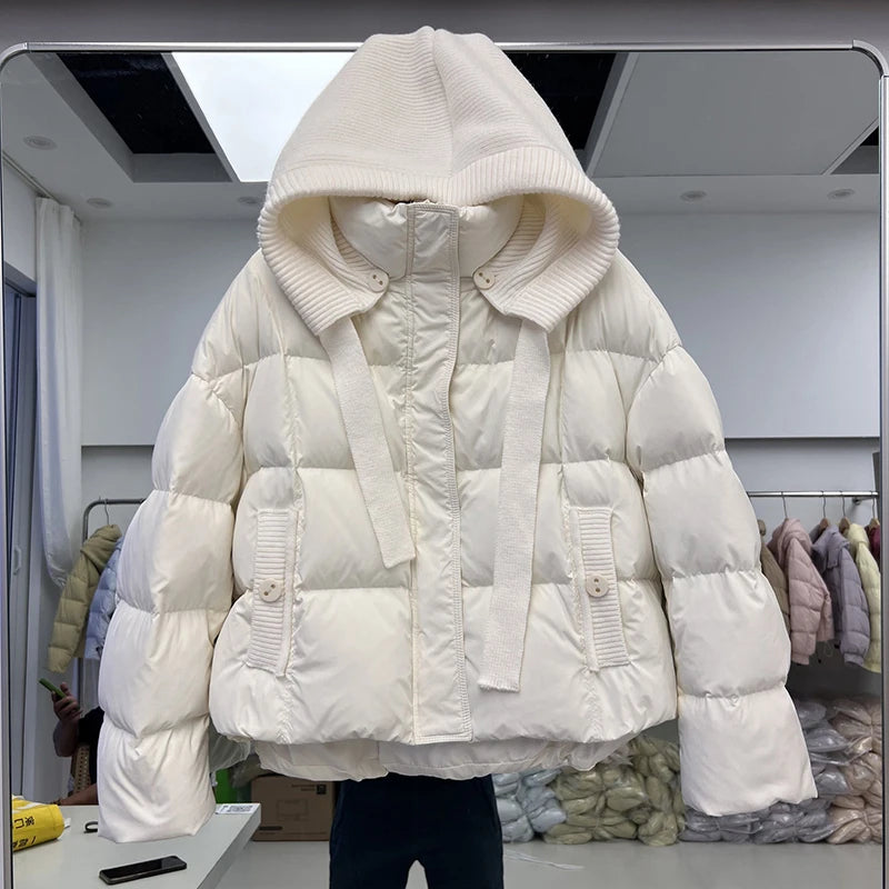 Winter Short Knitted Hooded Down Jacket   Female Zipper Puff Jackets