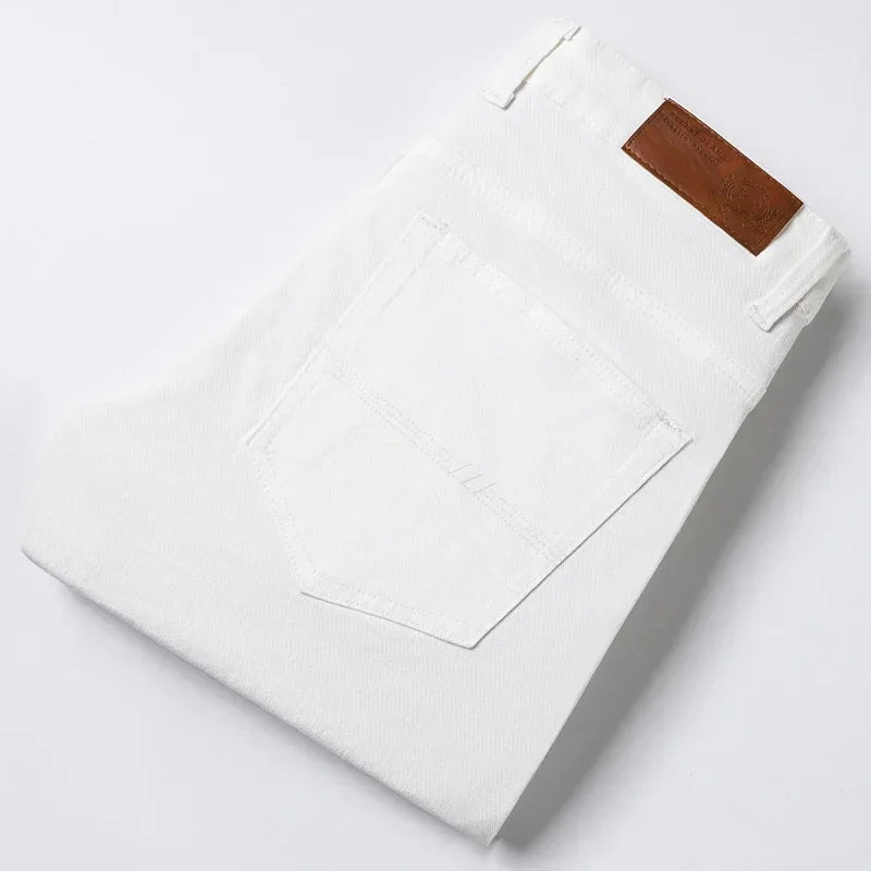 Men's White Jeans Straight Elastic Cotton Denim Pants