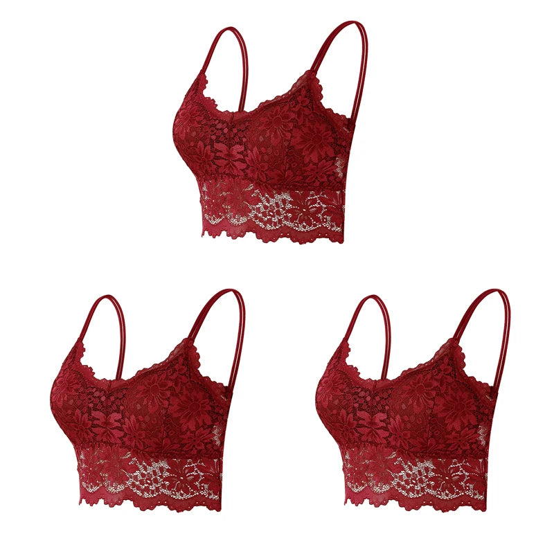 3PCS Women's Lace Top Comfortable Bralette, Solid Color Underwear Vest.
