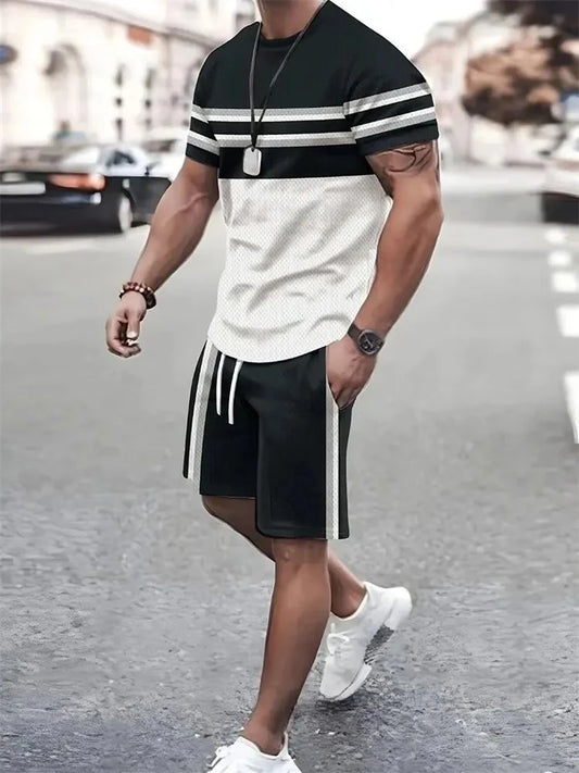 Conjunto de camiseta de manga corta para hombre con cuello redondo, transpirable para exterior, de secado rápido, estilo urbano informal, y pantalones cortos.