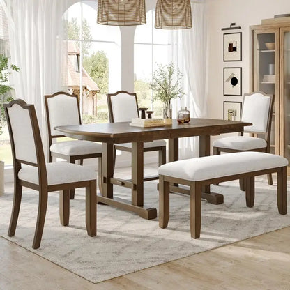 6-Piece Dining Set, Extendable 60-78 inch Wooden Table with Leaf, 4 Upholstered Chairs & Bench