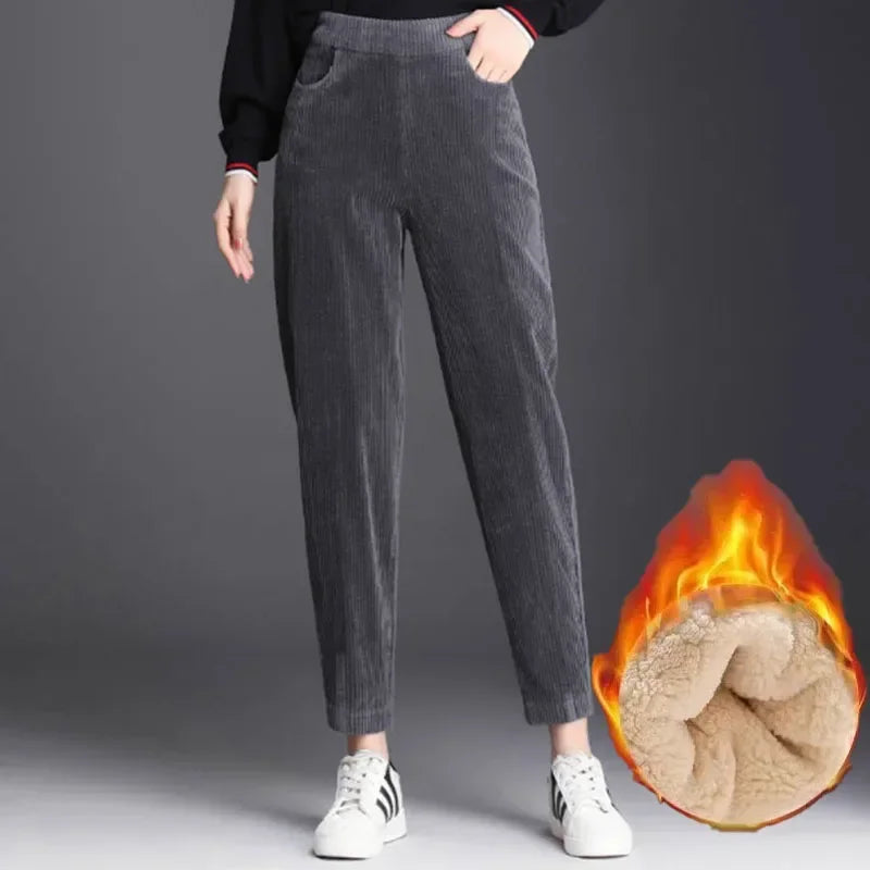 Women Corduroy Warm Pants Thick Plush Casual  Trousers.