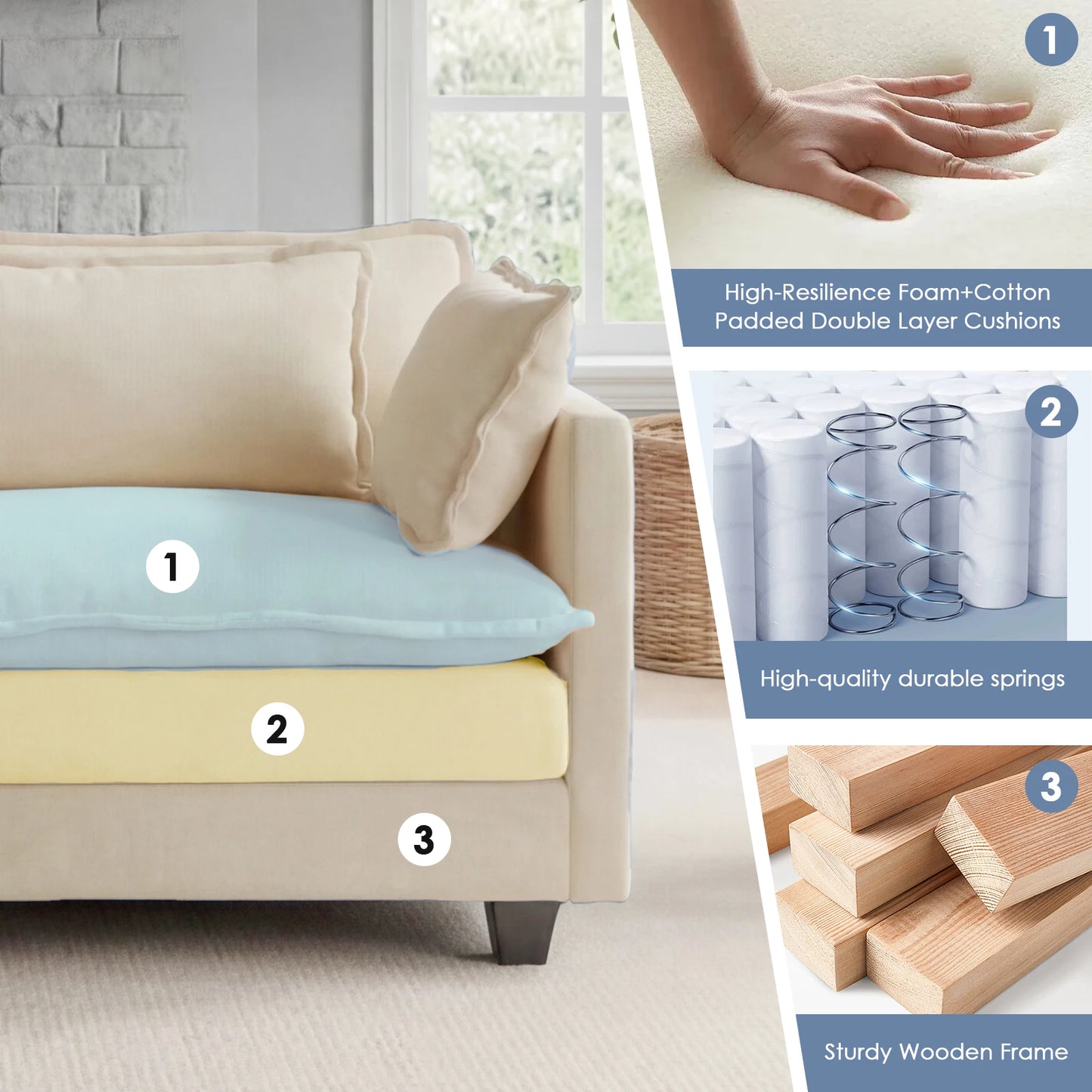 Redlife 113.4" Modular Sectional Sofa with Ottoman, Comfy Cloud Couch with Deep Seat (23.6" D), Solid Wood Frame, for Living Room.