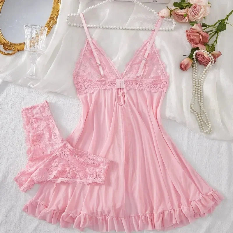 Sexy Lingerie Set, Women Erotic Bra Nightdress Sexy Sleepwear, V Neck Full Slip.