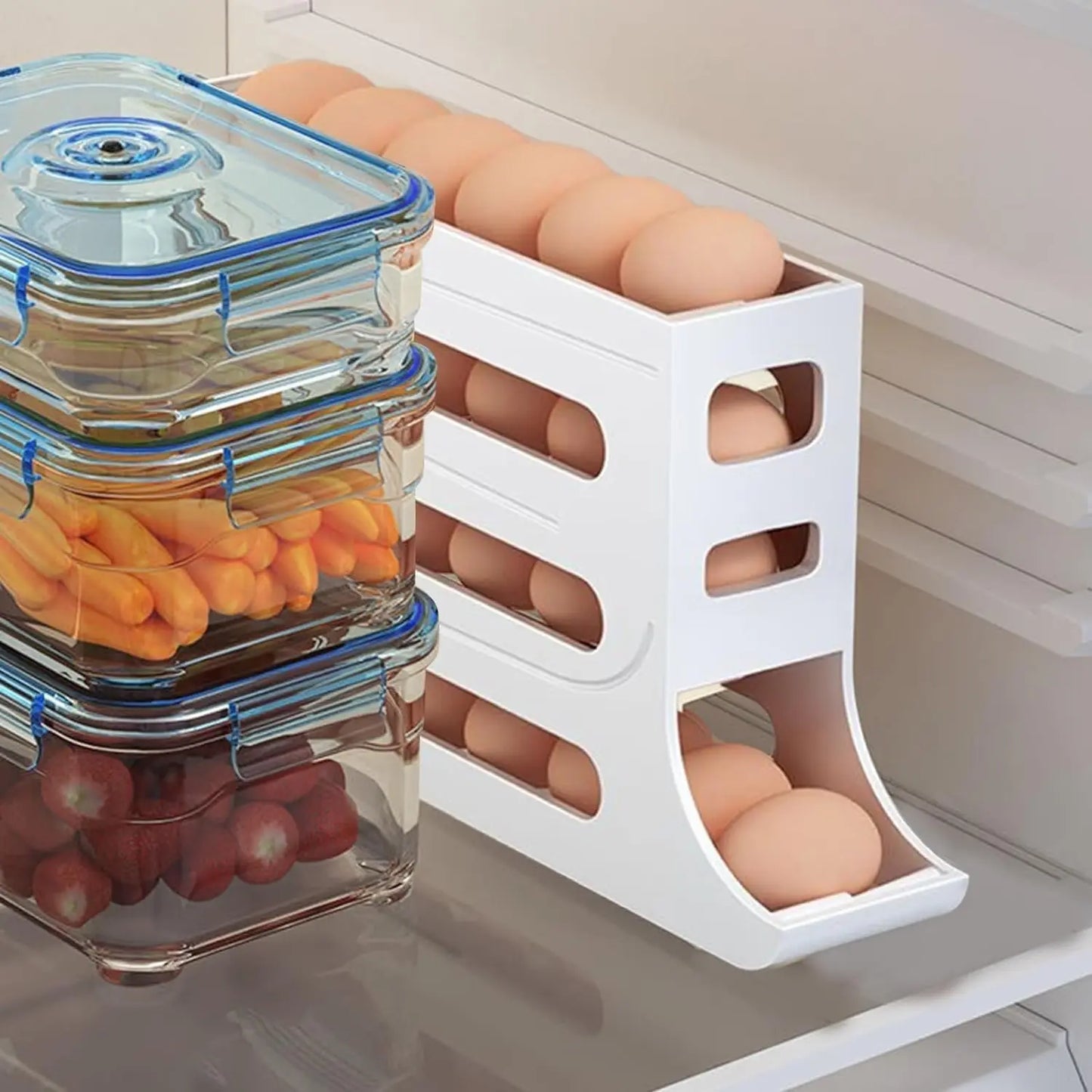 4 Tiers Egg Holder for Fridge, Automatic Egg Rolling Rack, 30 Eggs Storage