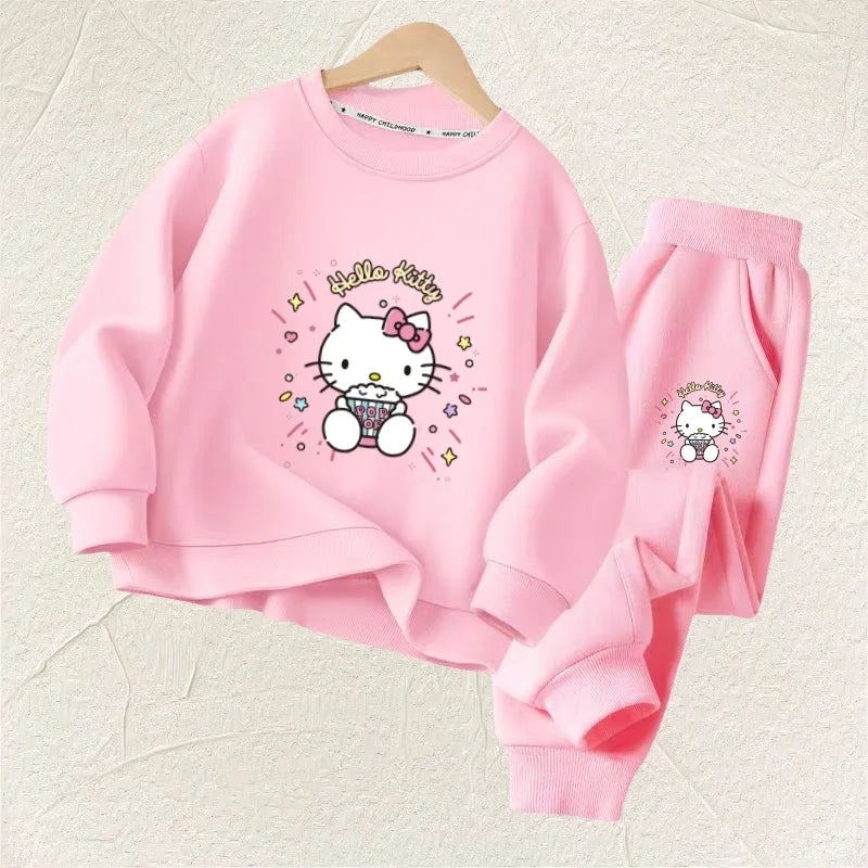 Autumn Baby Girl Clothes Set, Children Senerio Hello Kitty Cartoon Print Sweatshirt and Pants.