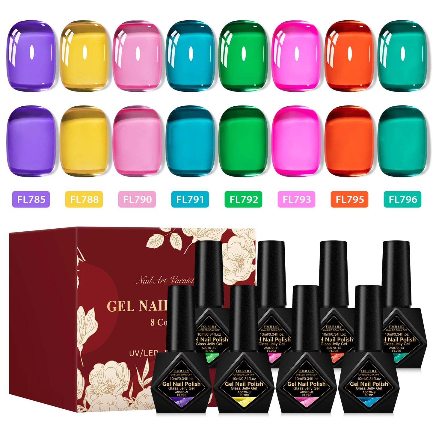 8pcs 10ml Jelly Glass Gel Nail Polish Set, Semi-transparent Red ,Purple Gel Polish Varnish, Nail Art Semi Permanent UV Gel Varnish.