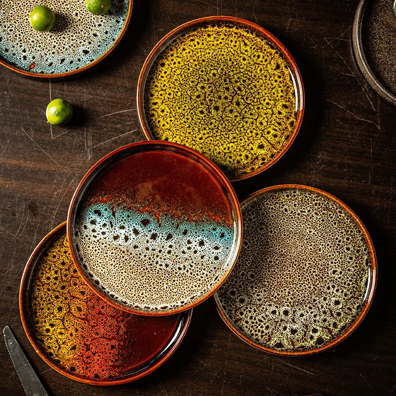 Western Style Dishes Japanese Style, Round Trays Kiln Made Tableware.