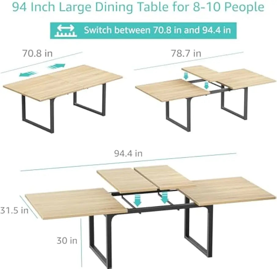 Large Dining Table for 8 - to 10 People 94In Long, Expandable Dinning Kitchen Tables.