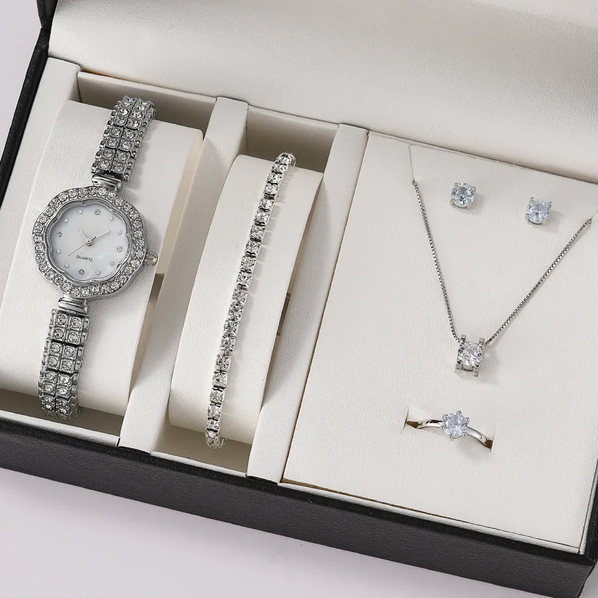 Women Quartz Watch Luxury Diamonds, Simple Stainless Steel Strap, Ring, Necklace, Earrings.