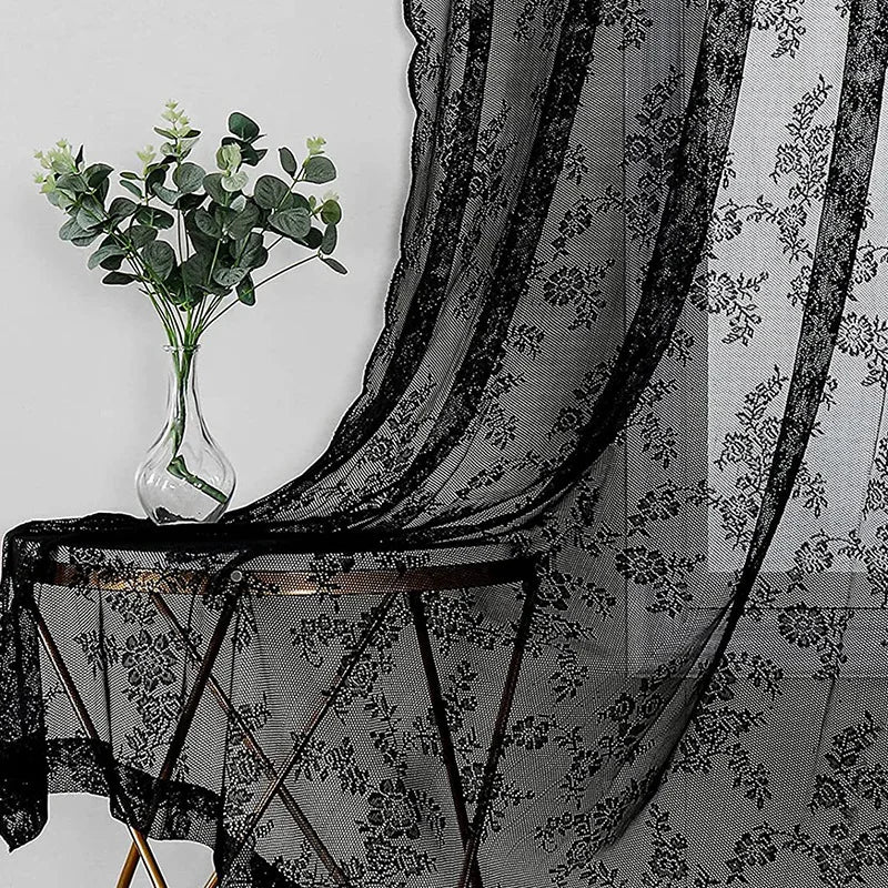 Black floral lace curtains with retro style for living rooms, bedrooms, and party decorations.