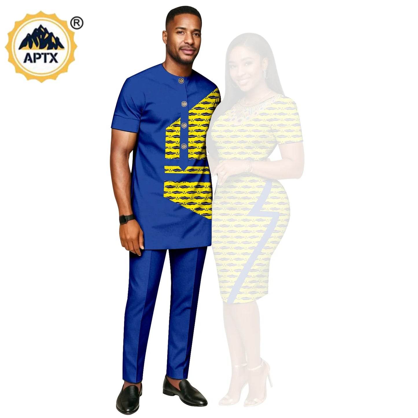 African Print Slim Hip Knee-length Dresses for Women, Matching Couple Outfits Dashiki Men Patchwork Top and Pant Sets 26C019.
