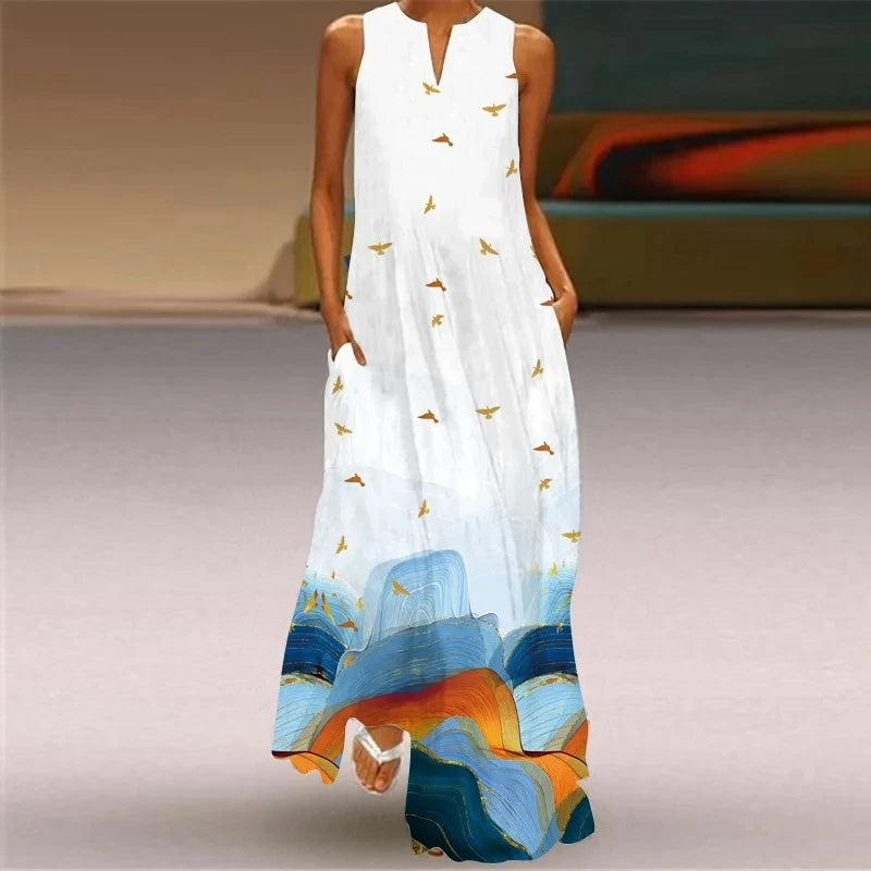 Elegant Sleeveless Women Dress, Vintage Print Loose Long Maxi Dresses Lady V Neck Pocket Sundress Plus Size