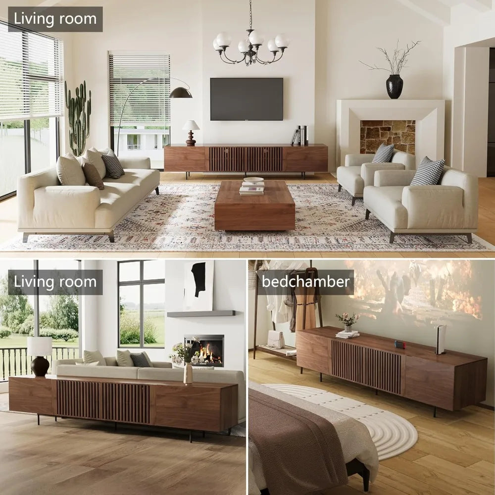 Mid Century Modern TV Stand for 70-90 Inch TVs, 4 Cabinet Storage Console.