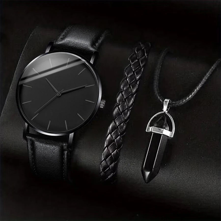 3PCS/Set Men Business Watches  Leather Band Analog Male's Quartz Watch Necklace Bracelet Set.