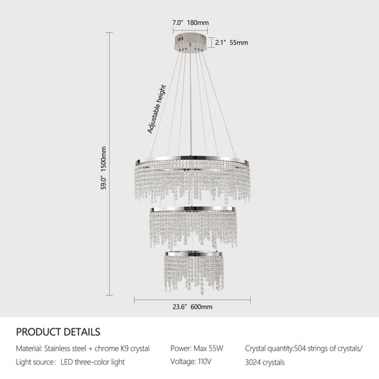 23.6-inch Crystal Chandelier, Dimmable Led Ceiling Lamp, Adjustable Color Temperature 3000K/4000K/6000K, Height Adjustable, Luxury Round Chandelier, Suitable for Living Room, Dining Room, Bedroom.