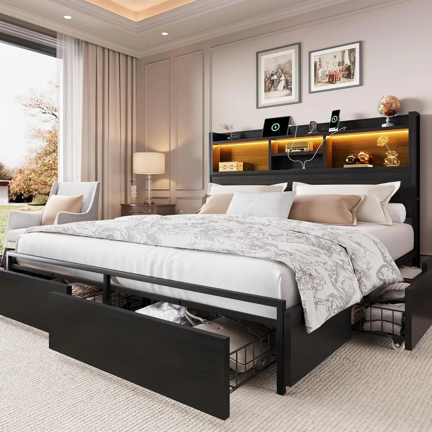 Queen Size Wooden Bed Frame with 6 Drawers, Headboard, LED Lights & Charging Station, No Box Spring Needed, Black.
