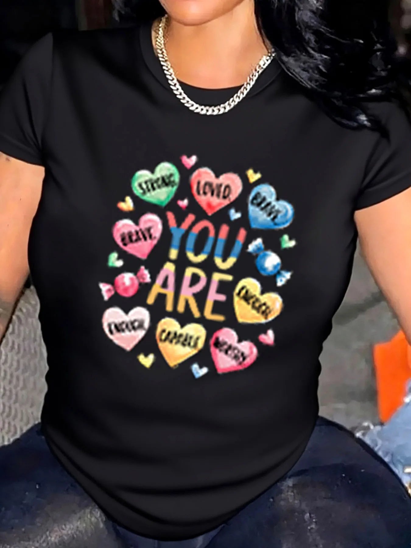 Women Plus Size T Shirt Valentine Day, Heart Love You Are Strong Brave Loved Cute Graphic Print .
