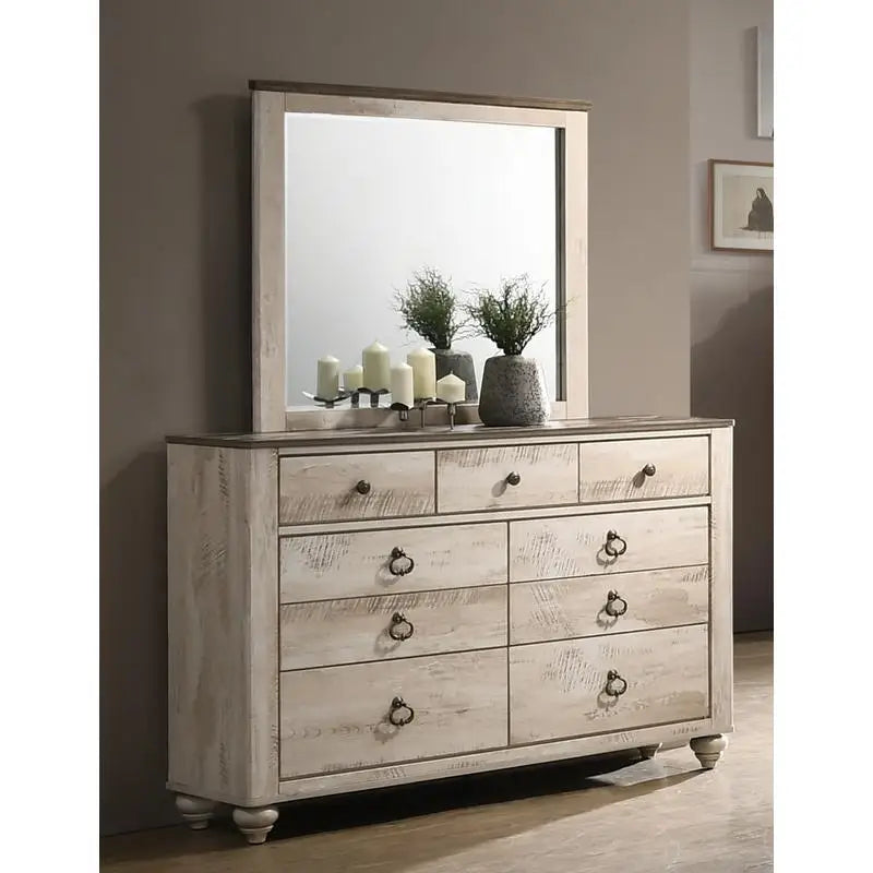 Contemporary White Wash Finish 6-Piece Bedroom Set: King Bed, Dresser & Mirror, 2 Nightstands, Chest