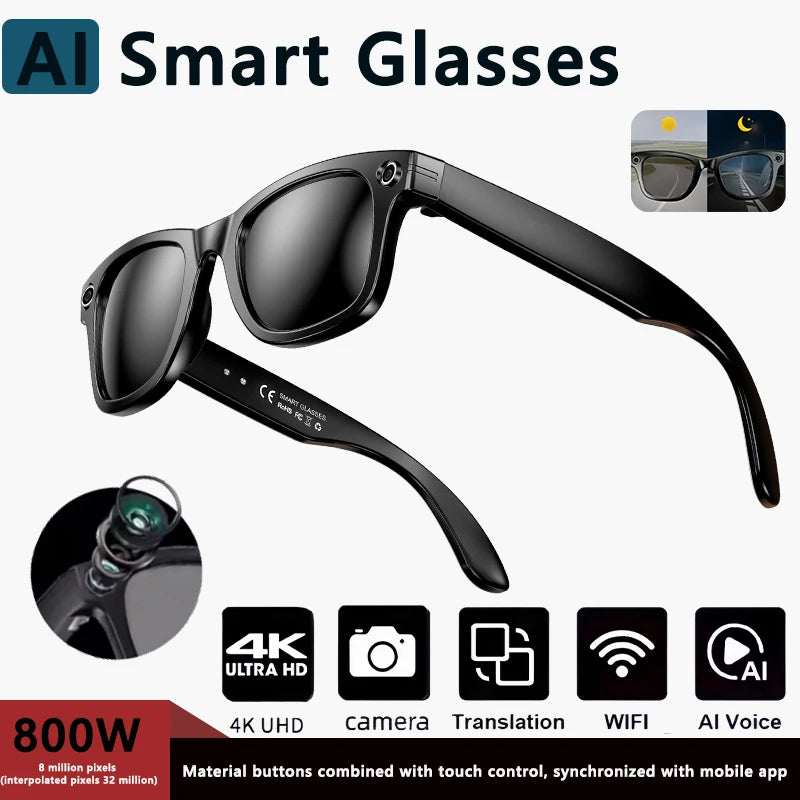 2025 NEW 800W Pixel UHD Camera Smart Glasses, Video Recording, AI Photo Recognition, Answer Translation, Bluetooth Call Sunglasses.