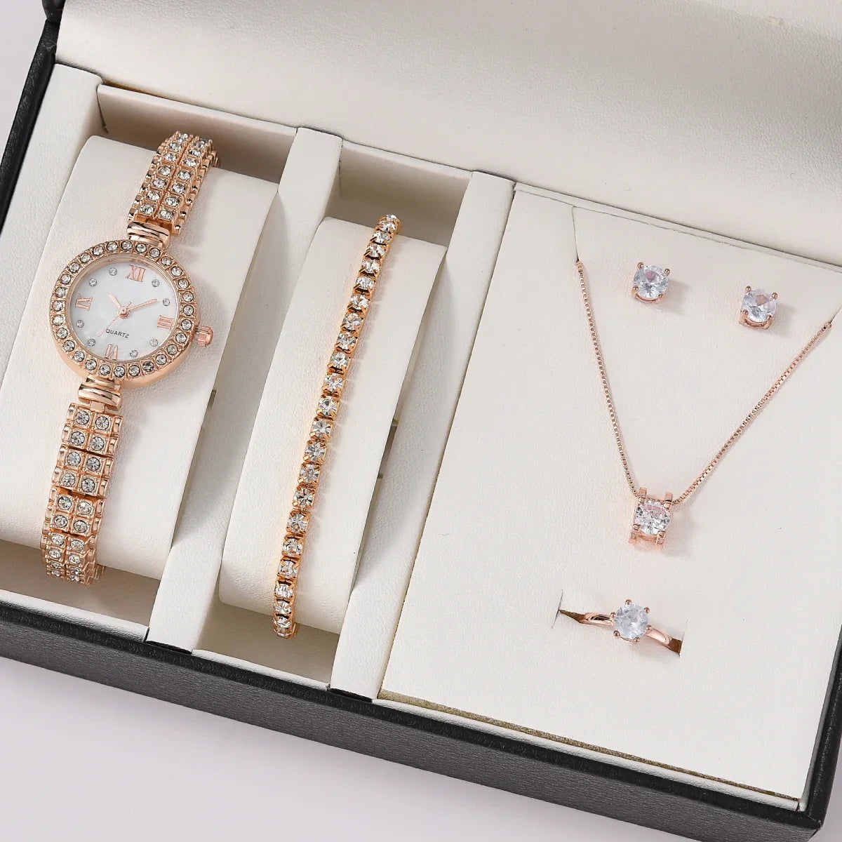 Women Quartz Watch Luxury Diamonds, Simple Stainless Steel Strap, Ring, Necklace, Earrings.