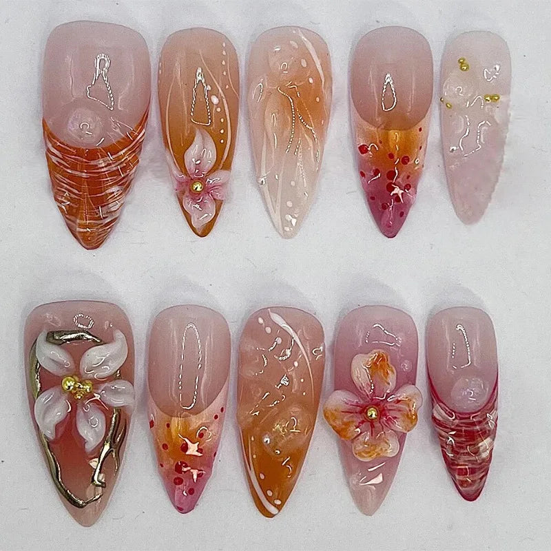 24Pcs Mid-length Almond Press on Fake Nails,3D Ripple Heart ,Pearl Star, Blue Smudge Detachable Full Cover Nails Tips.