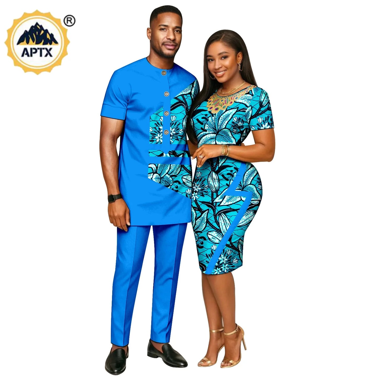 African Print Slim Hip Knee-length Dresses for Women, Matching Couple Outfits Dashiki Men Patchwork Top and Pant Sets 26C019.