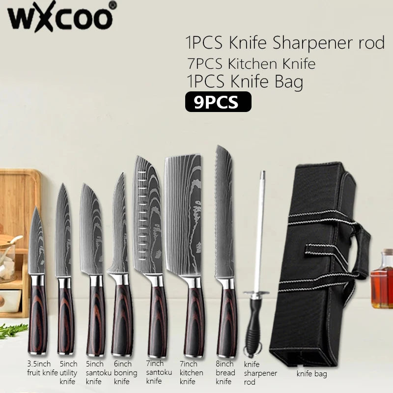 Damascus Steel Kitchen Knives VG10 Steel Fish Boning Knife Meat Cleaver Fruit Utility Cutter with Long Magnetic Knife Block
