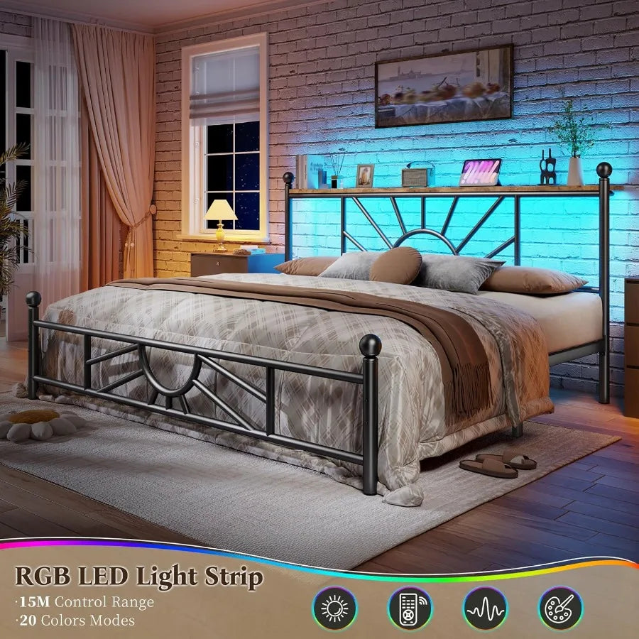 Metal King Bed Frame and Headboard Footboard ,with LED Light Mattress Foundation, with Under Bed Storage.