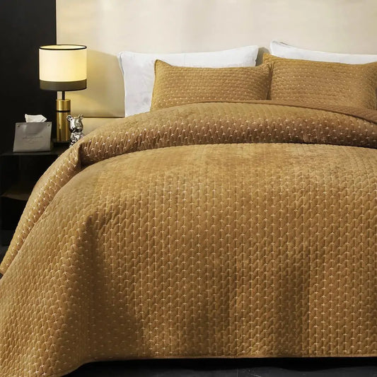 Luxurious King Size Velvet Quilted Coverlet Set with Pillow Shams in Brown, 96x106 Striped Comforter.