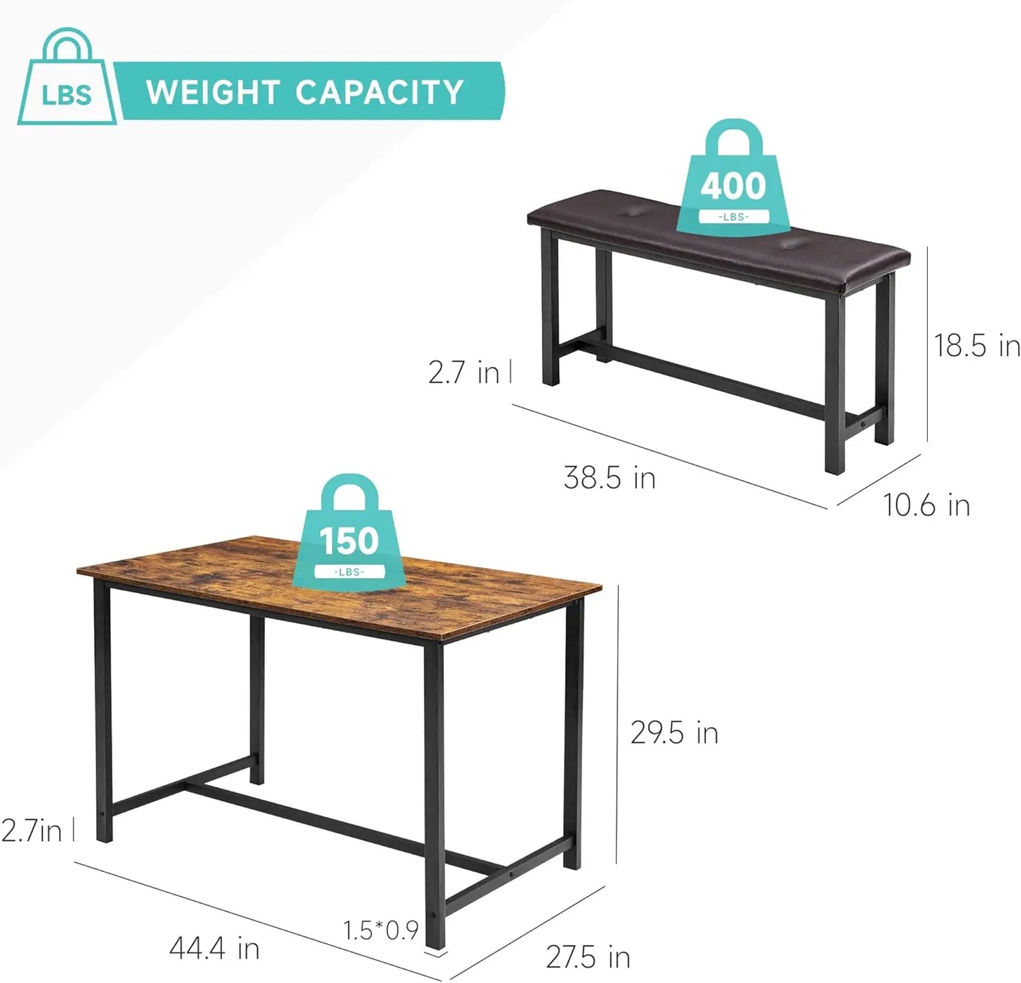 Brown Dining Table Set for 4 Upholstered Benches, 3pcs/set