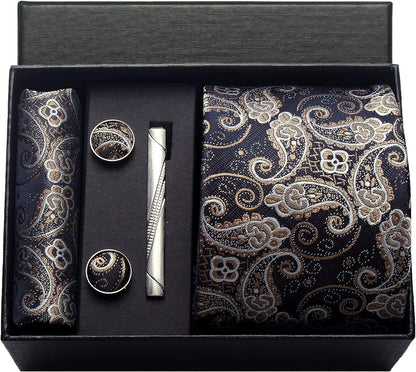 100% Silk Necktie Paisley Floral Men Business Tie, Pocket Square ,Tie Clip ,Cufflinks Set  Gift Box.
