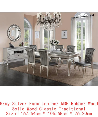 7pc Rect. Glass Dining Table Set w/ Silver Hue & 6 Tufted Side Chairs for Dining Room