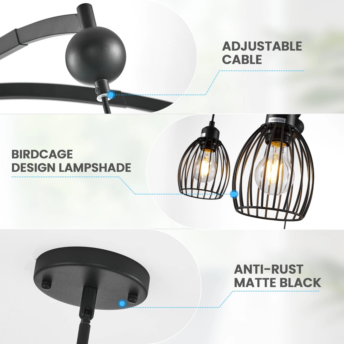 Contemporary Lighting Adjustable Farmhouse Chandelier Black Rope Pendant