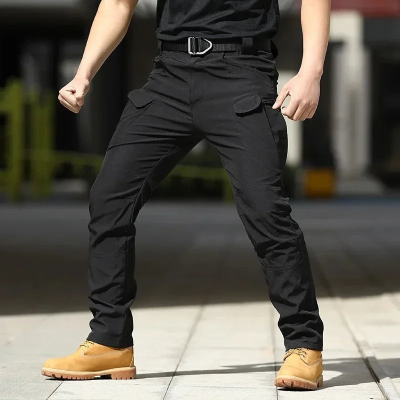 Men Waterproof Cargo Pants, Elastic Multiple Pocket Military Trousers.