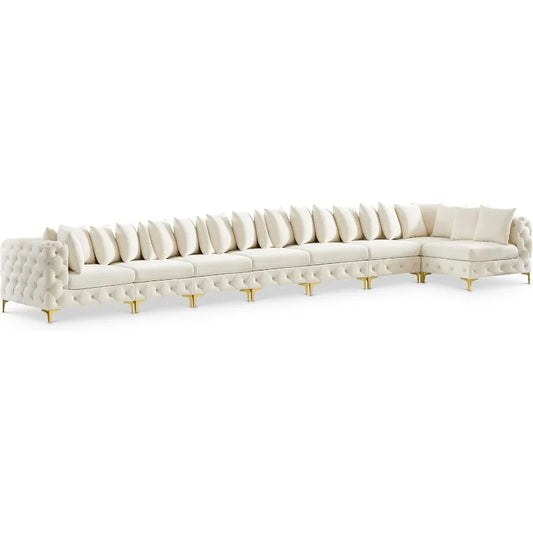 Plush Velvet Modular Sofa, 228" Cream Sectional for Spacious Lounge.