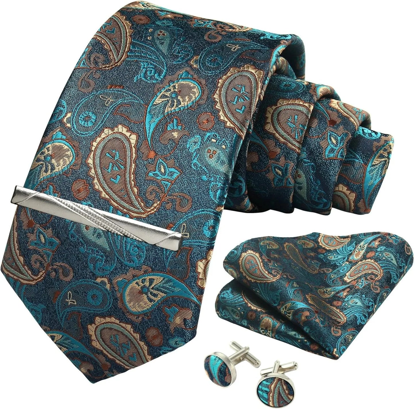 100% Silk Necktie Paisley Floral Men Business Tie, Pocket Square ,Tie Clip ,Cufflinks Set  Gift Box.