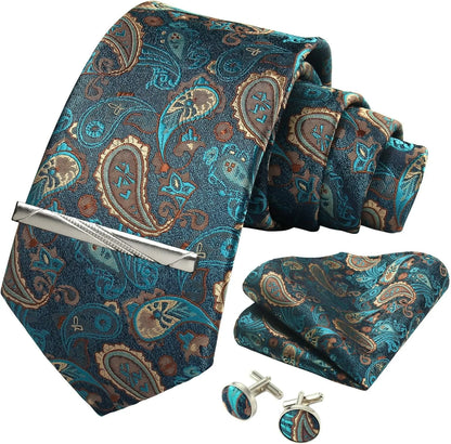 100% Silk Necktie Paisley Floral Men Business Tie, Pocket Square ,Tie Clip ,Cufflinks Set  Gift Box.
