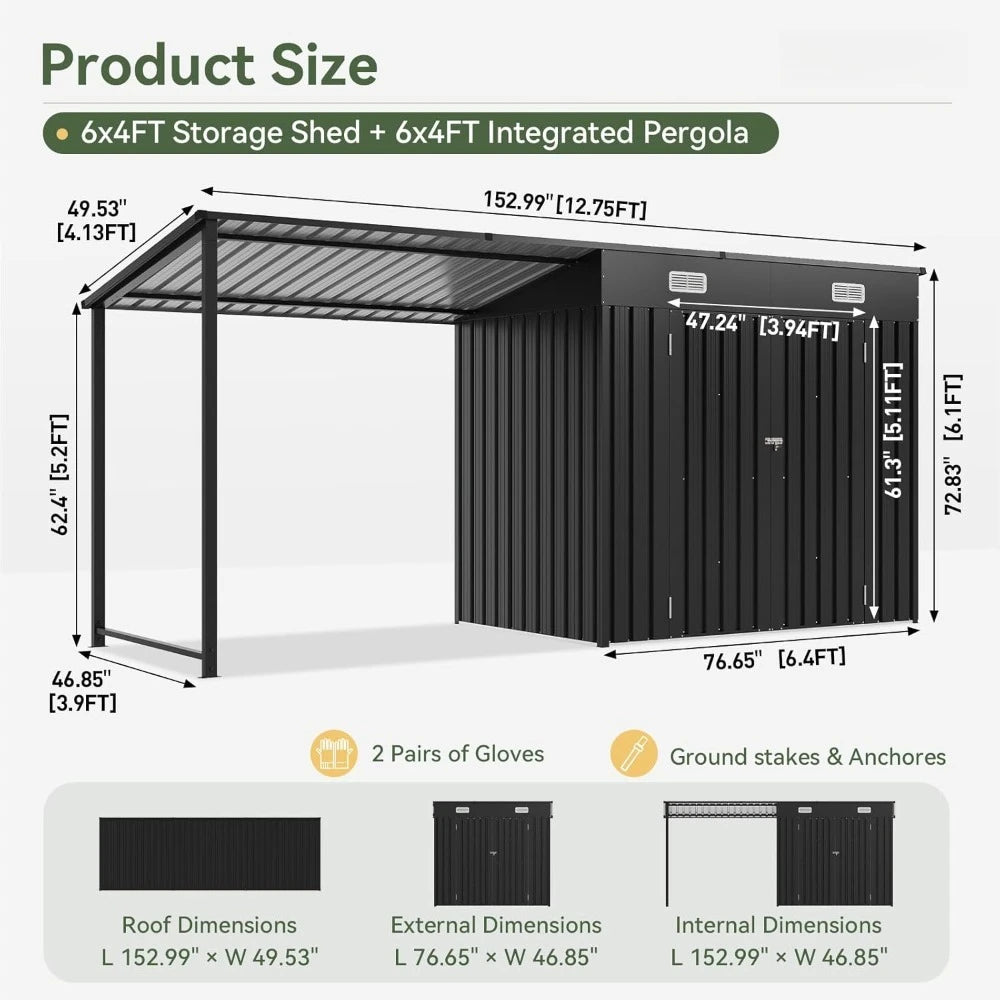 6x4FT Outdoor Metal Shed and Hardtop Gazebo Combo 12x4FT Lean to with Pergola Black.