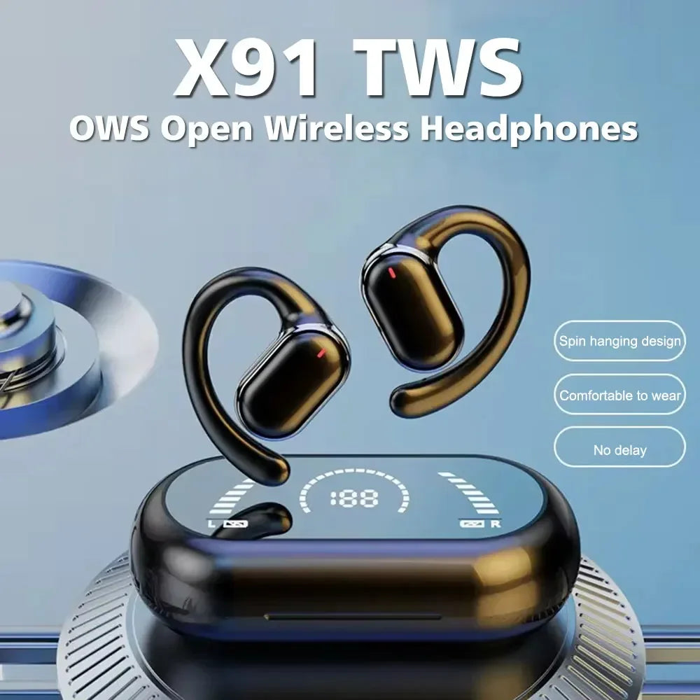 X91 OWS Ear hook Earphones, Bluetooth 5.3 Low Latency, Gaming, Sport HiFi Stereo, Noise Reduction Earbuds.