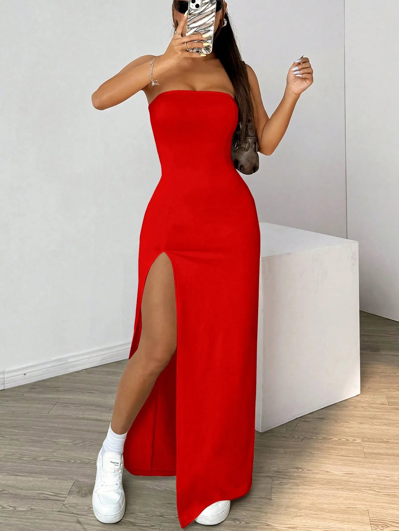 Elegant ladies strapless camisole, simple basic solid color long dress, casual, semi-formal occasions,