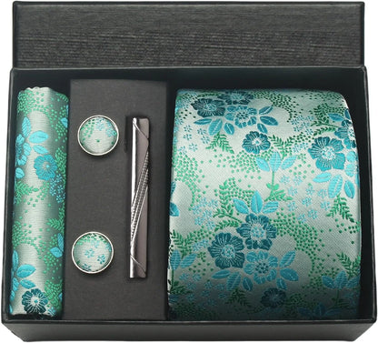100% Silk Necktie Paisley Floral Men Business Tie, Pocket Square ,Tie Clip ,Cufflinks Set  Gift Box.