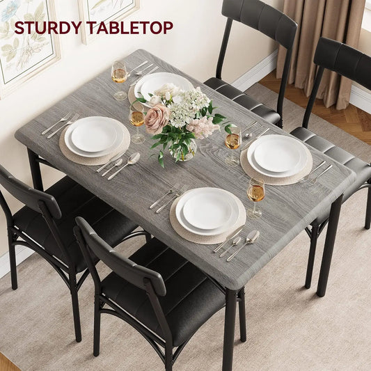 5-Piece Industrial Dining Table Set, Compact Kitchen Table & 4 Padded Chairs, Dining Room Furniture Set for Small Space.