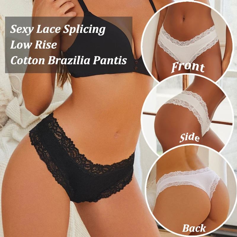 10PCS/Set Women Lace Cotton Panties, Sexy Low-Waist Brazilian Panties, Solid Color Female Underwear.